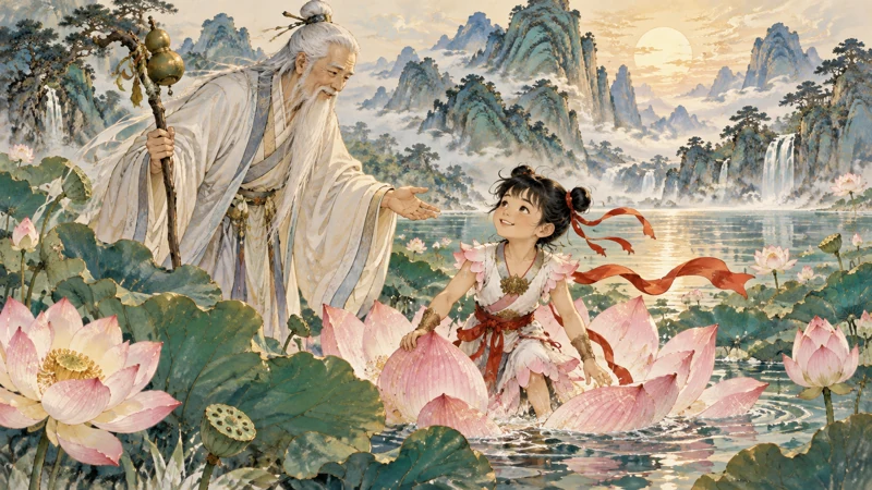 Taiyi Zhenren beside Nezha restored among lotus flowers