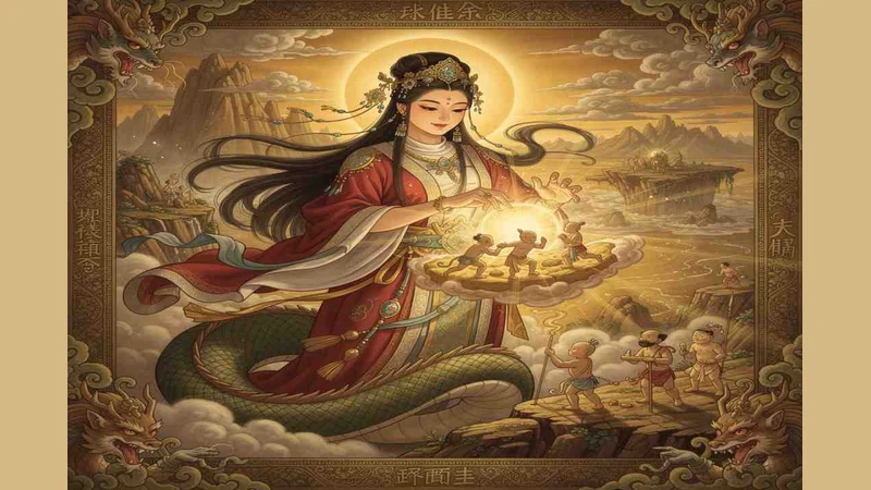 Nuwa with a serpent body shaping small human figures