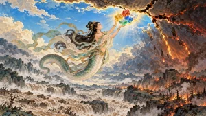 Nuwa raising five colored stones toward a crack in the sky