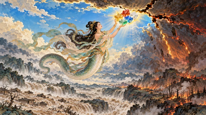 Nuwa raising five colored stones toward a crack in the sky