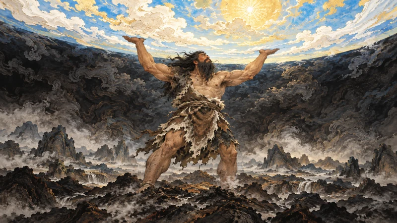 Human giant Pangu holding the sky apart from earth