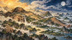 Pangu’s reclining body merging with mountains and rivers