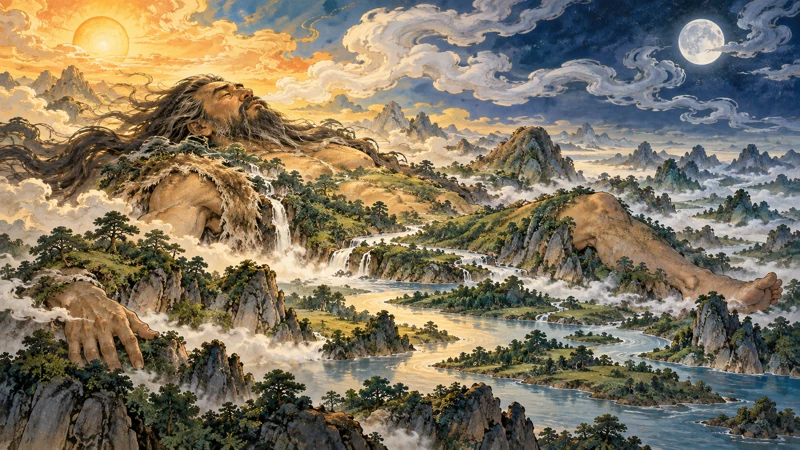 Pangu’s reclining body merging with mountains and rivers