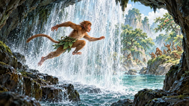 Young Sun Wukong exploring the waterfall at Water Curtain Cave