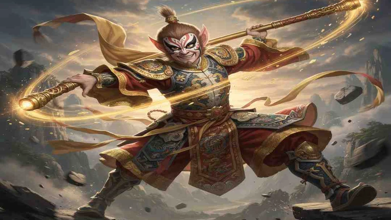 Monkey King holding a long golden staff