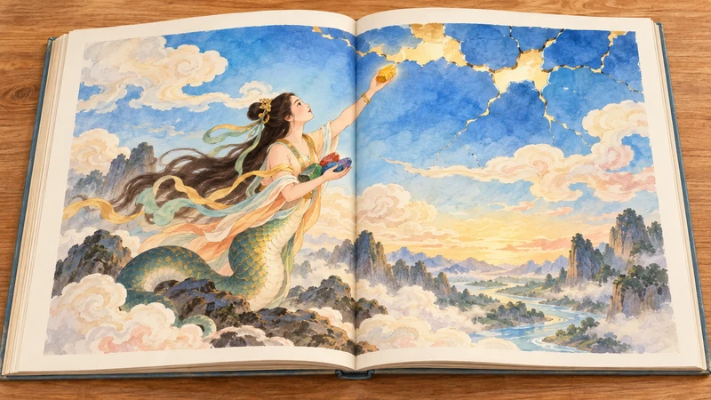Imagined picture book spread showing Nuwa repairing the sky