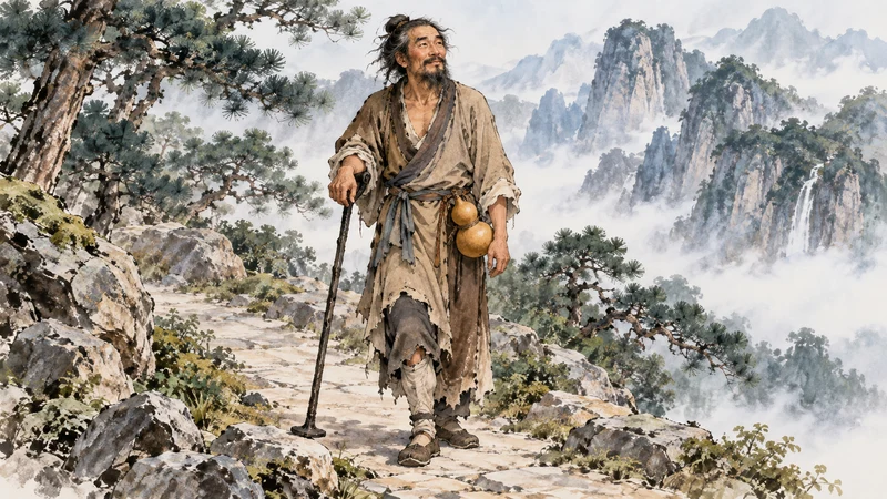 Artistic portrayal of Li Tieguai with a crutch and bottle gourd