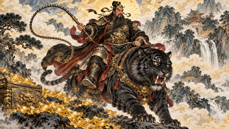 Bearded Zhao Gongming on a black tiger holding a whip