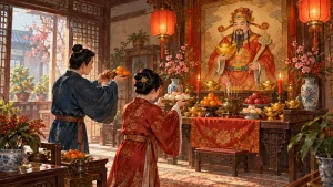 Household offerings before a painted male wealth deity