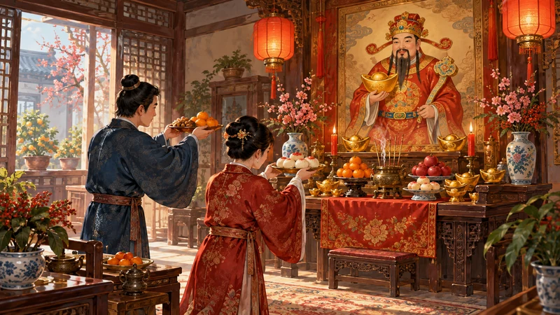Household offerings before a painted male wealth deity