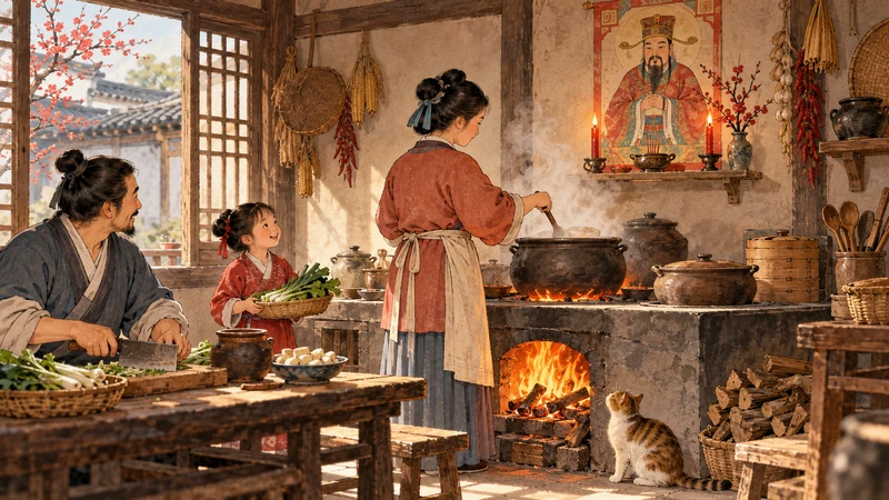 Kitchen God portrait above a household stove