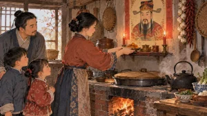 Sweet offerings beneath a Kitchen God portrait by the stove