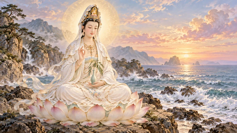 White-robed Guanyin on a lotus seat with Amitabha in the crown
