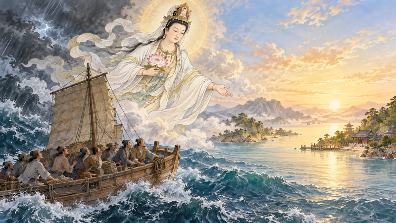 Guanyin above seafarers approaching a safe bay
