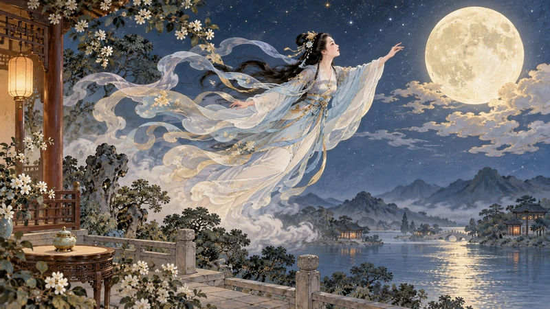 Chang’e rising toward the moon above an elixir vessel