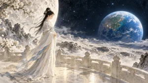 Chang’e on a moonlit terrace looking toward earth
