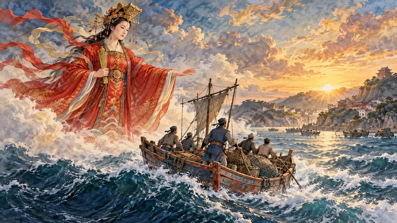 Red-robed Mazu symbolically protecting a fishing boat
