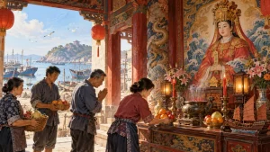 Coastal family offerings before a Mazu portrait