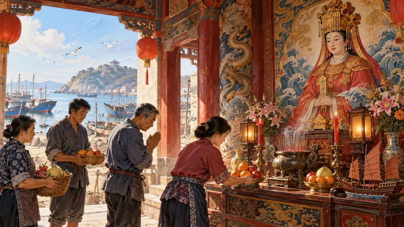 Coastal family offerings before a Mazu portrait