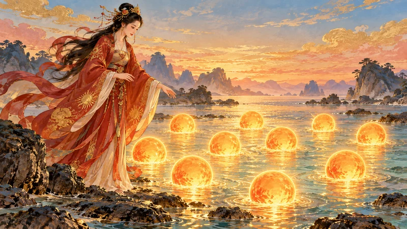 Xihe beside water with ten luminous sun disks