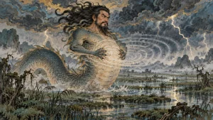 Human-headed dragon-bodied thunder spirit striking its belly