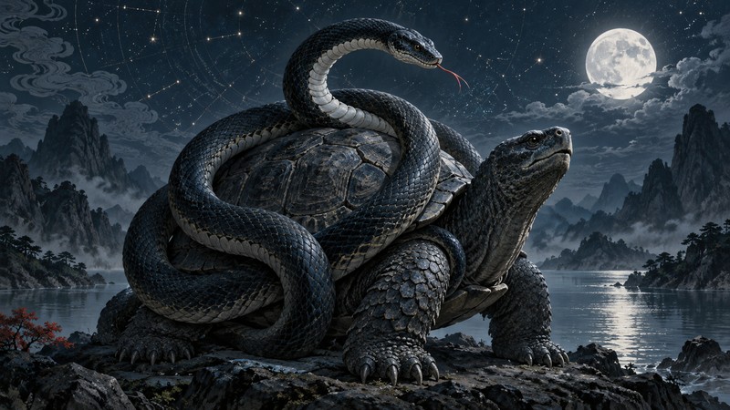 A dark tortoise entwined with a black snake beneath a moonlit northern sky