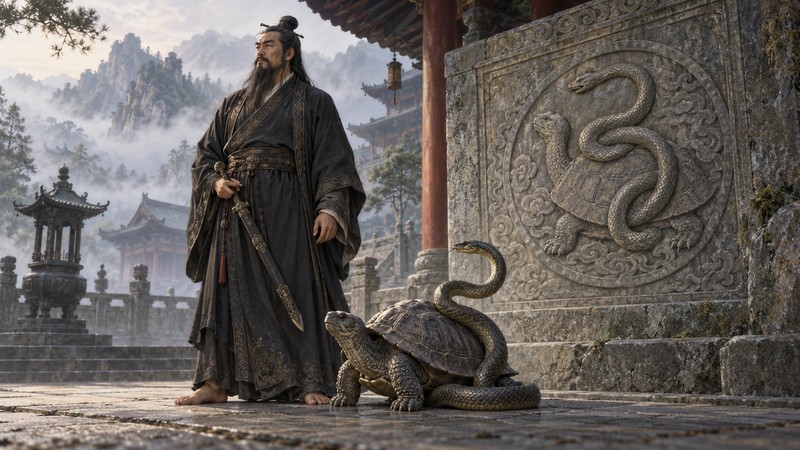 A dark-robed warrior deity beside a tortoise, snake, and carved tortoise-snake relief