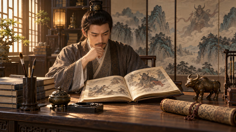 Reader studying a classical Chinese fantasy book beside an ox figurine and ink brushes