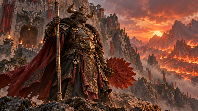 Horned Bull Demon King standing before a mountain fortress and firelit ridges