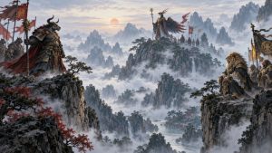Three distinct supernatural rulers on separate ridges in a misty Chinese mountain landscape