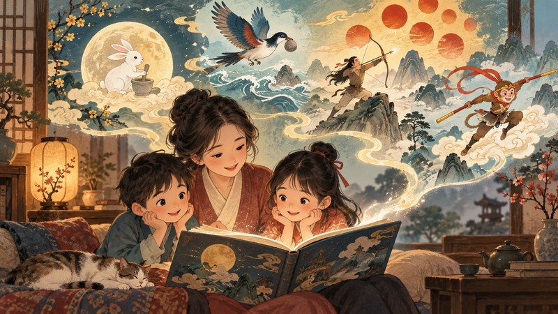 Adult reading a Chinese mythology picture book with two children as gentle myth scenes appear above the pages