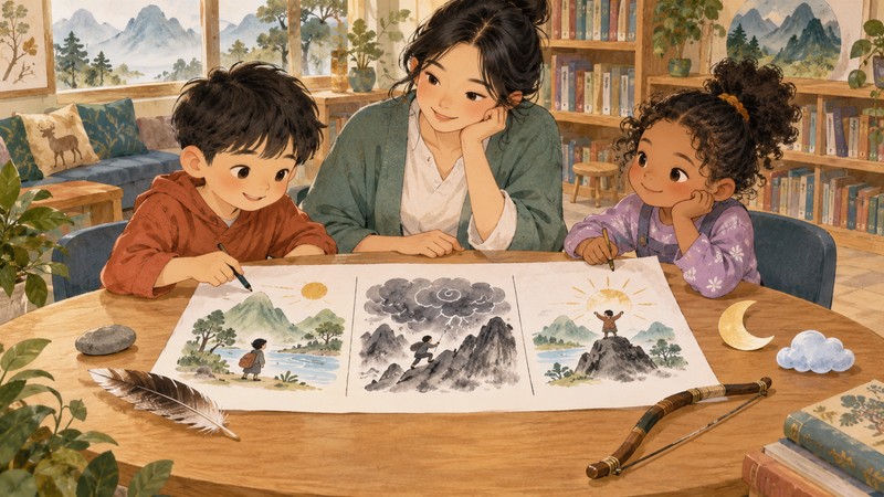 Children and an adult drawing a three-part beginning challenge and ending story map