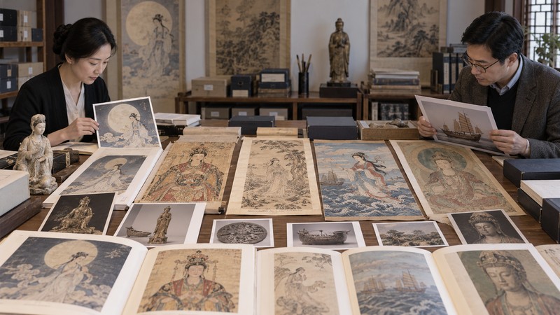 Two museum researchers comparing separate visual records for moon, creation, immortality, maritime, and Buddhist traditions