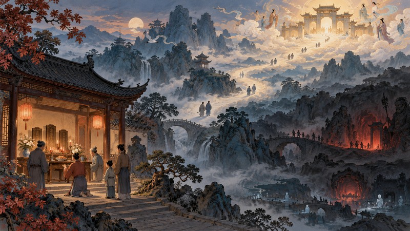 Modern illustration linking ancestor rites, celestial paths, and shadowed underworld realms in Chinese tradition