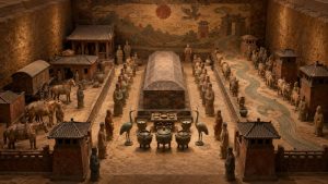 Interpretive reconstruction of an early Chinese tomb with clay figures, model buildings, vessels, and animals