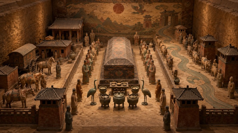 Interpretive reconstruction of an early Chinese tomb with clay figures, model buildings, vessels, and animals