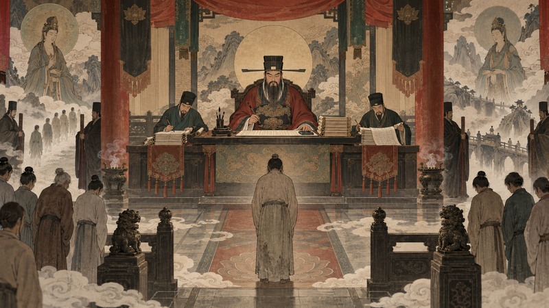Modern illustration of a bureaucratic underworld court with a judge, scribes, scrolls, and waiting souls