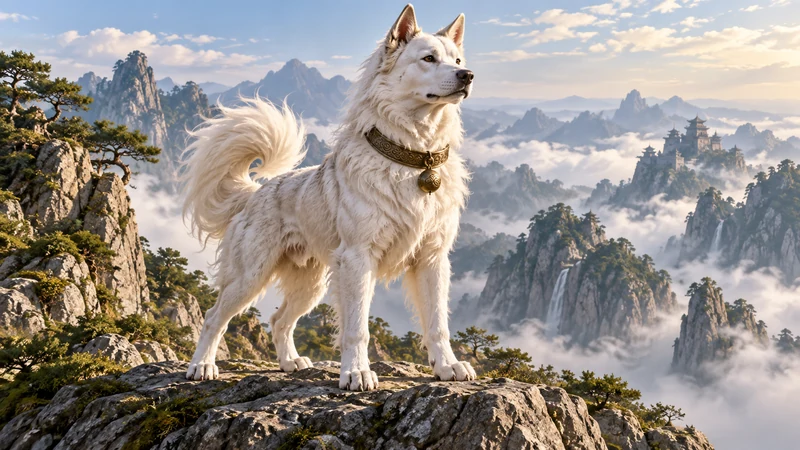 Imagined celestial hound standing alert on a mountain ledge