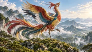 Fenghuang singing and dancing over a tranquil landscape