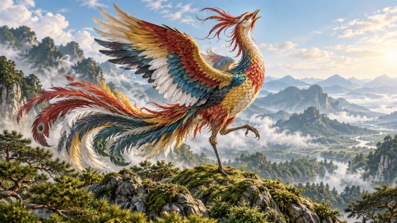 Fenghuang singing and dancing over a tranquil landscape