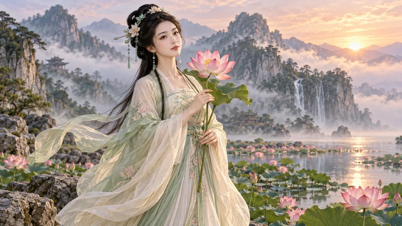 Imagined He Xiangu holding a pink lotus beside a mountain pond