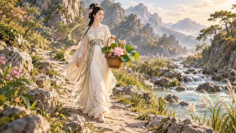 Imagined He Xiangu carrying a lotus-filled flower basket along a stream