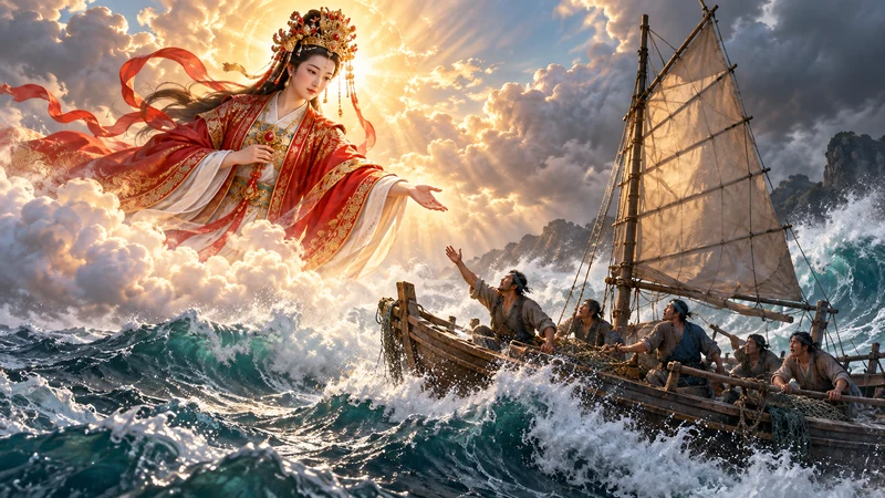 Imagined Mazu appearing above sailors in a traditional wooden fishing boat
