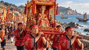 Imagined coastal procession carrying a red-and-gold Mazu shrine