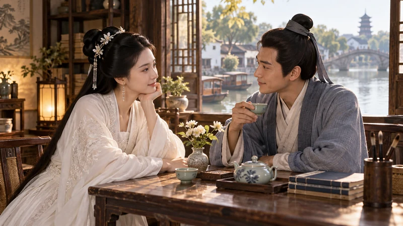 Imagined Bai Niangzi and Xu Xuan seated together in a riverside room