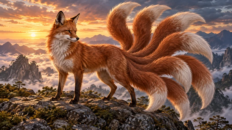 Imagined nine-tailed fox-shaped creature on a Qingqiu mountain ridge