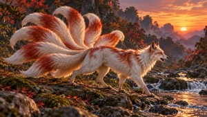 Imagined nine-tailed fox prowling beside a forest stream