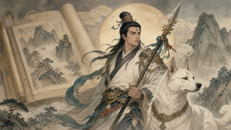 Retained artistic Erlang Shen portrait with third eye, polearm and white celestial hound