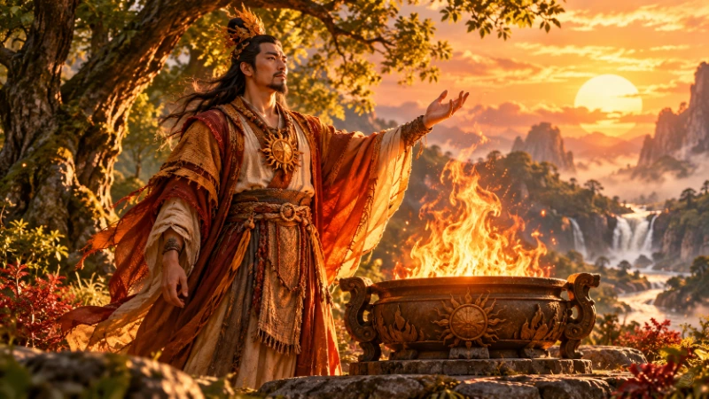 Imagined Zhu Rong beside a controlled ceremonial flame