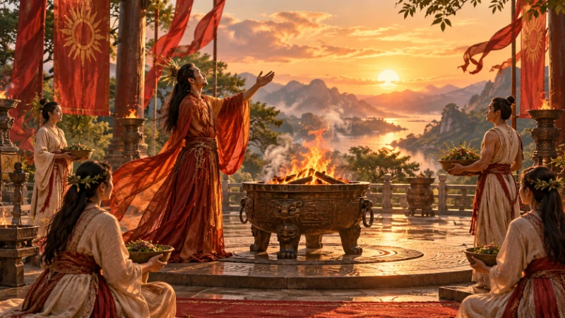 Summer ritual context with fire and red banners
